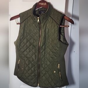 Love Tree vest womens M green quilted slimming stretch full zip brown piping